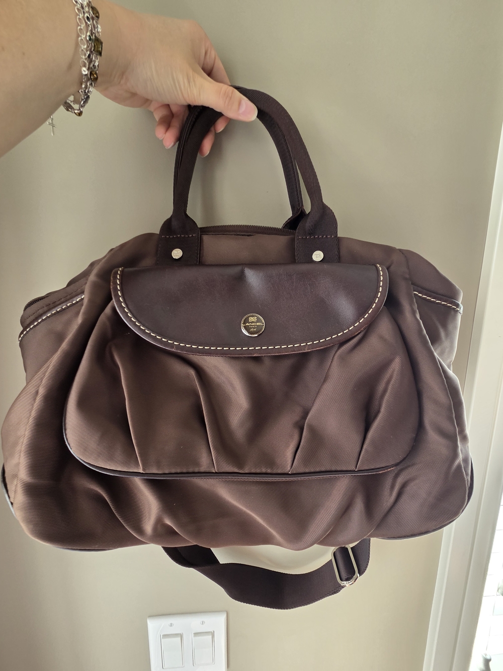 Classic Brown Nylon Satchel with Leather-Flap Accent